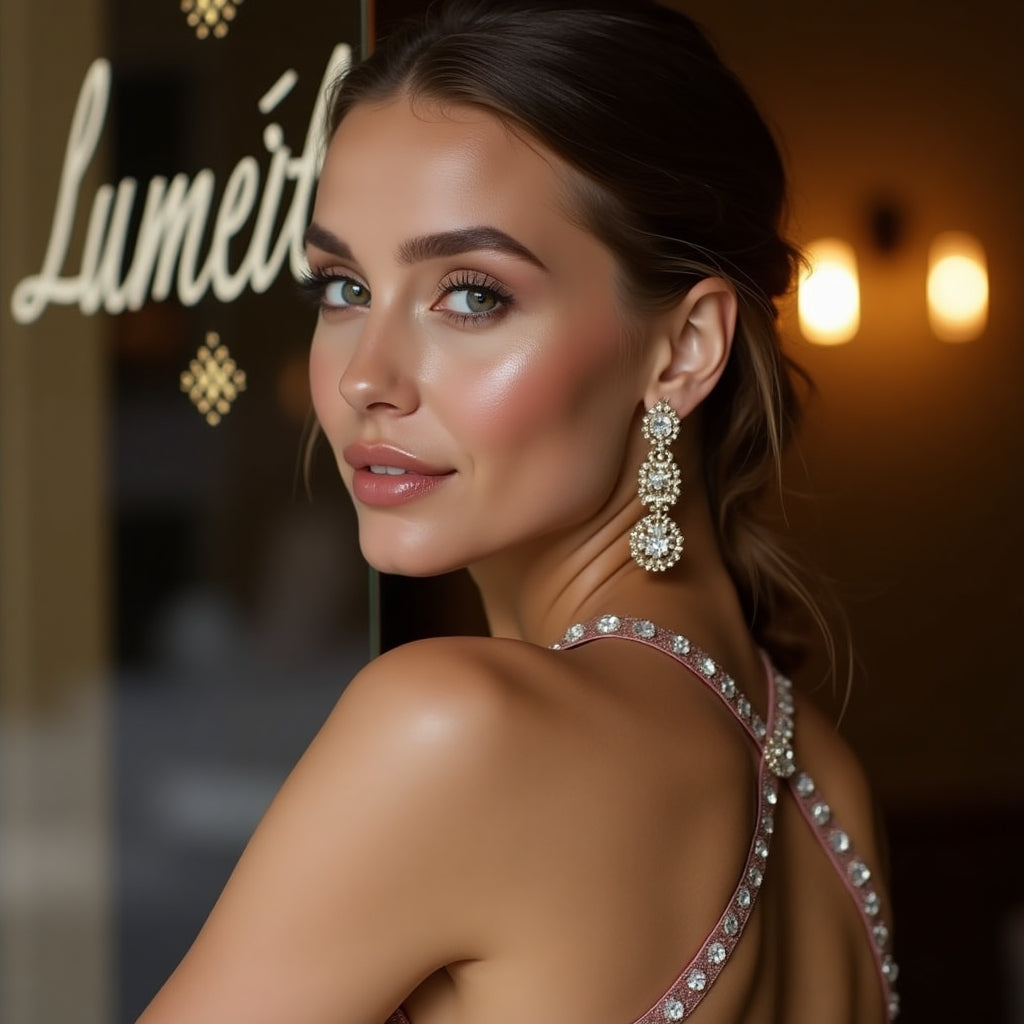 Woman wearing sparkling jewelry with a blurred background featuring 'Lumeil' brand name.shop_this_look_EcLGgQ