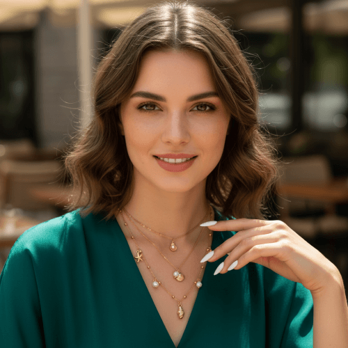 Woman wearing gold necklaces and a green top outdoors